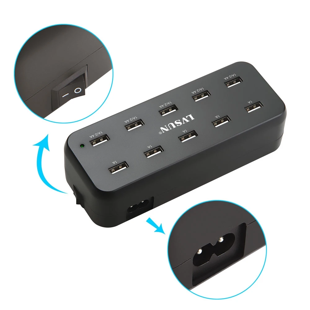 LVSUN 60 Вт 5 В 12А 10 портов USB зарядное устройство для зарядки Ipad iPhone 6S 6 4G 4S 5S samsung galaxy s5