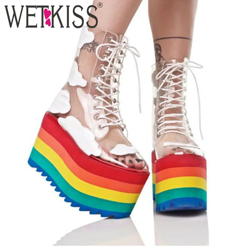 WETKISS/Новинка года; радужные модные красивые ботинки на толстой подошве из прозрачного ПВХ со шнуровкой для шоу; женские ботинки для ночных клубов