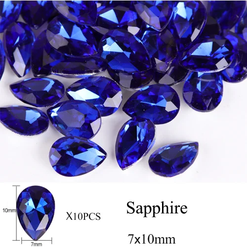 Sapphire 7X10mm 10 шт капли воды, стразы для дизайна ногтей, хрустальные камни, 10 цветов, 7x10 мм/6x8 мм, блестящие DIY Подвески, украшения для дизайна ногтей TR030 - Цвет: Sapphire 7X10mm