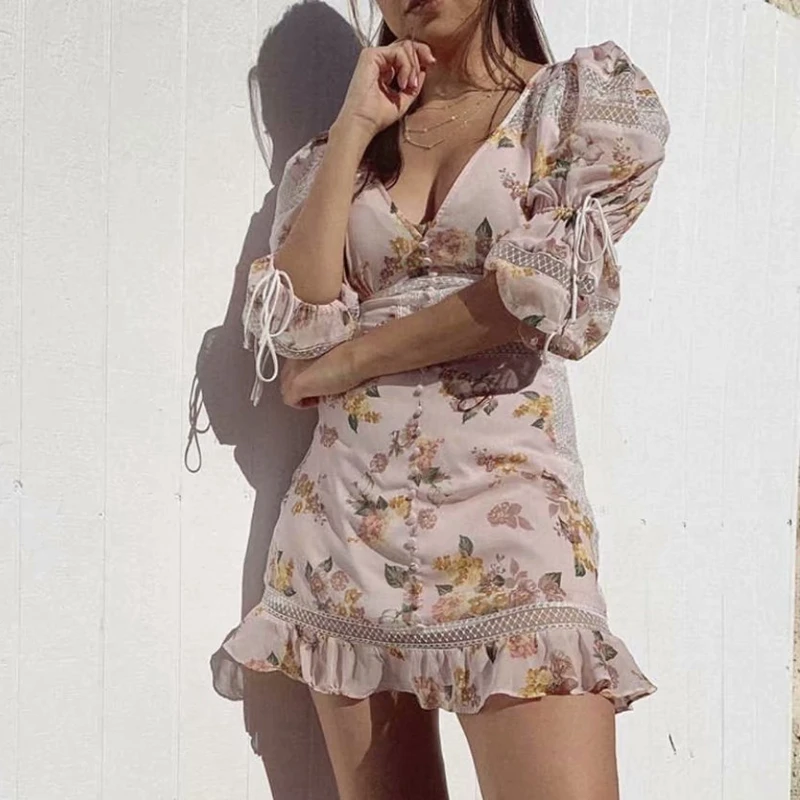 Женское винтажное кружевное платье Boho розовое элегантное мини с v образным