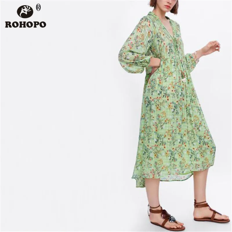 ROHOPO осеннее платье миди с длинным рукавом и принтом женское свободное