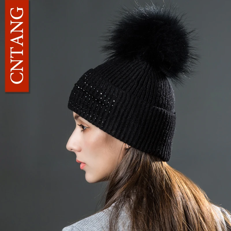 CNTANG Женский трикотажный шерстяной стразы шапки шапочки Сезон осень-зима обувь на
