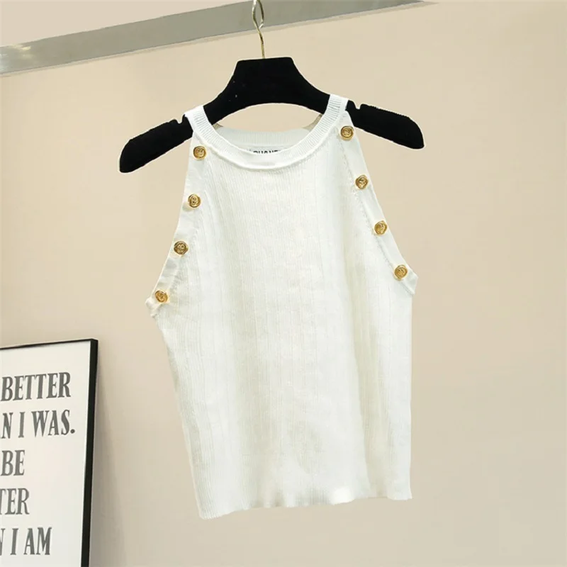 CBAFU summer knitting sleeve vest women tops gold button o neck elastic sweater black white women pullovers knitted tops P072