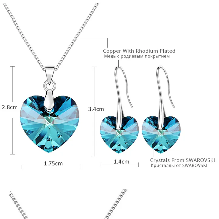 Оригинальные кристаллы от Swarovski сердце кулон ожерелья Висячие Серьги Комплекты украшений для женщин влюбленных подарок Прямая