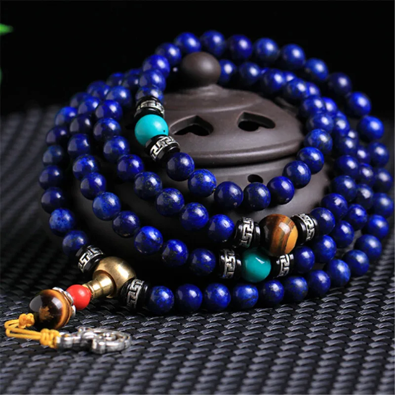 Изысканный император 5А класс Натуральный Лапис лазуритовые бусины 108 Mala Strand браслет ручной работы тигровый глаз камень браслет или ожерелье