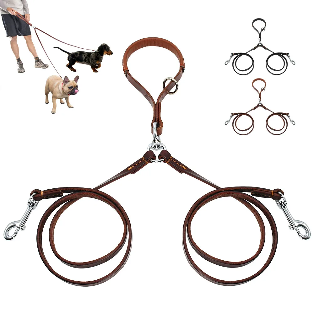 

For 2 Ways Dog Leash Double Two Pet Leather Leads NoTangle Coupler With Handle for Walking and Training 2 Small Medium Dogs