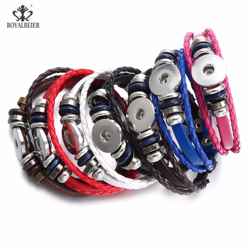 

ROYALBEIER Wholesale Price 10pcs Leather Bracelet Fit with 12mm/18mm Snap Buttons Retro Handmade Snap Bracelet Bangles Jewelry
