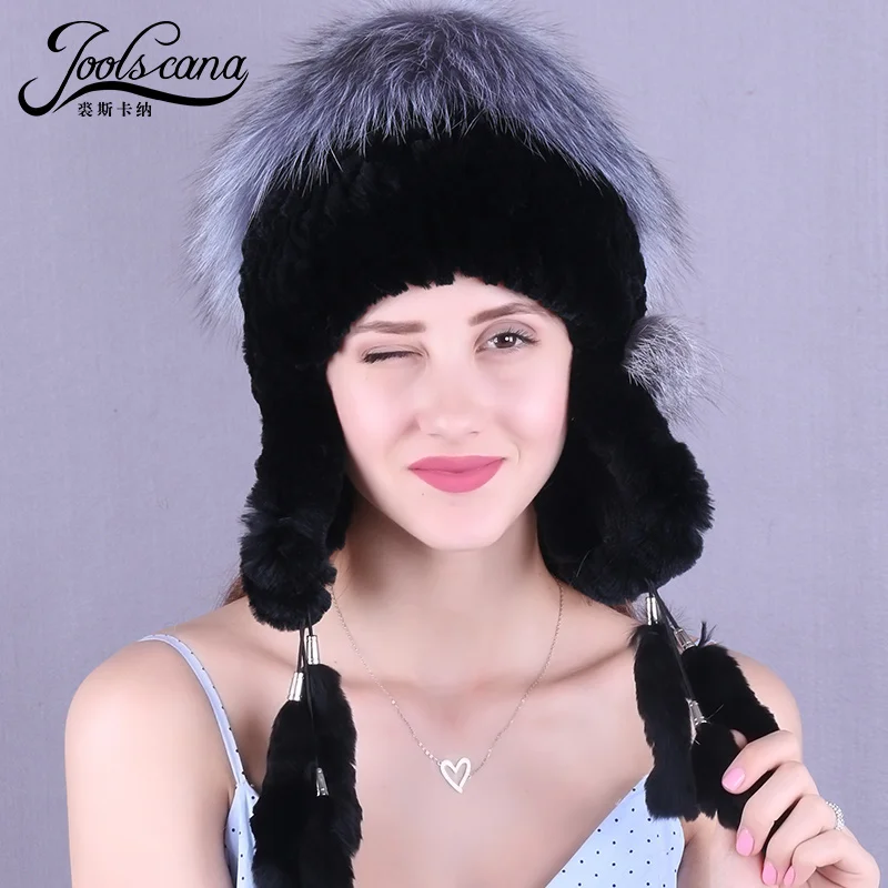 Женская шапка с ушками Joolscana теплая кроличьим мехом зимняя для молодых женщин