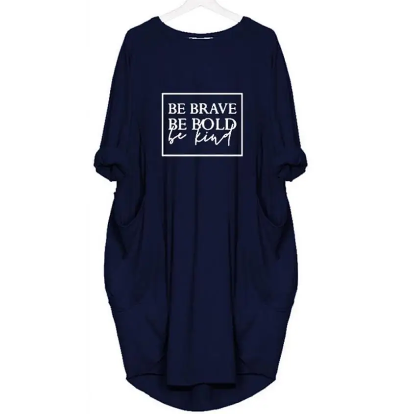 Модная футболка с карманом для женщин с надписью Be Brave Harajuku, футболка с длинным рукавом, топы с открытыми плечами, графические футболки - Цвет: Blue