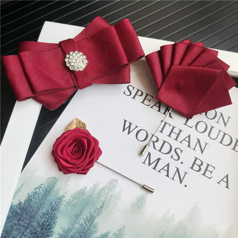 Handmade Bow Tie Set 3 шт., мужские галстуки-бабочки унисекс, стразы, брошь, набор носовых платков, Свадебный костюм, бизнес, Рождественский галстук, галстук, карманный квадратный галстук-бабочка - Цвет: Handmade Bow Tie Set