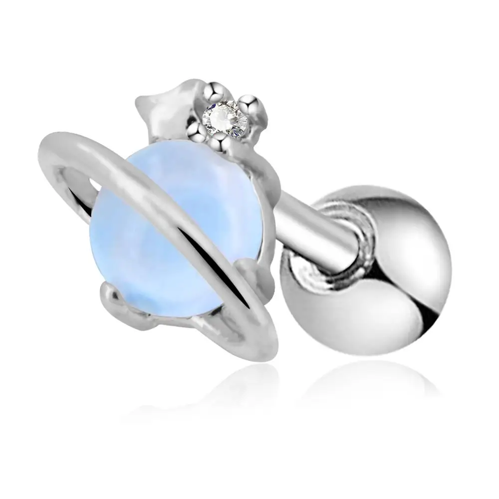 Silver Панковские серьги-гвоздики для тела, 16 г, хирургическая сталь, CZ, воздушный Голубой опал, камень Сатурн, спираль, серьги-гвоздики, пирсинг для женщин - Metal color: Silver