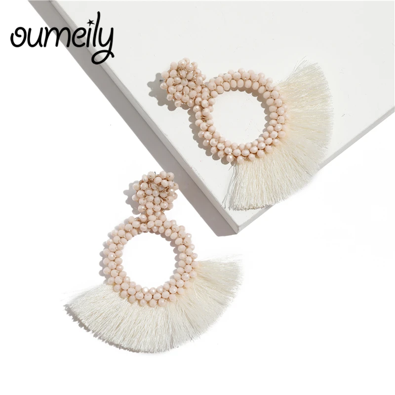 Женские богемные серьги с бусинами OUMEILY большие круглые белые цветные этнические