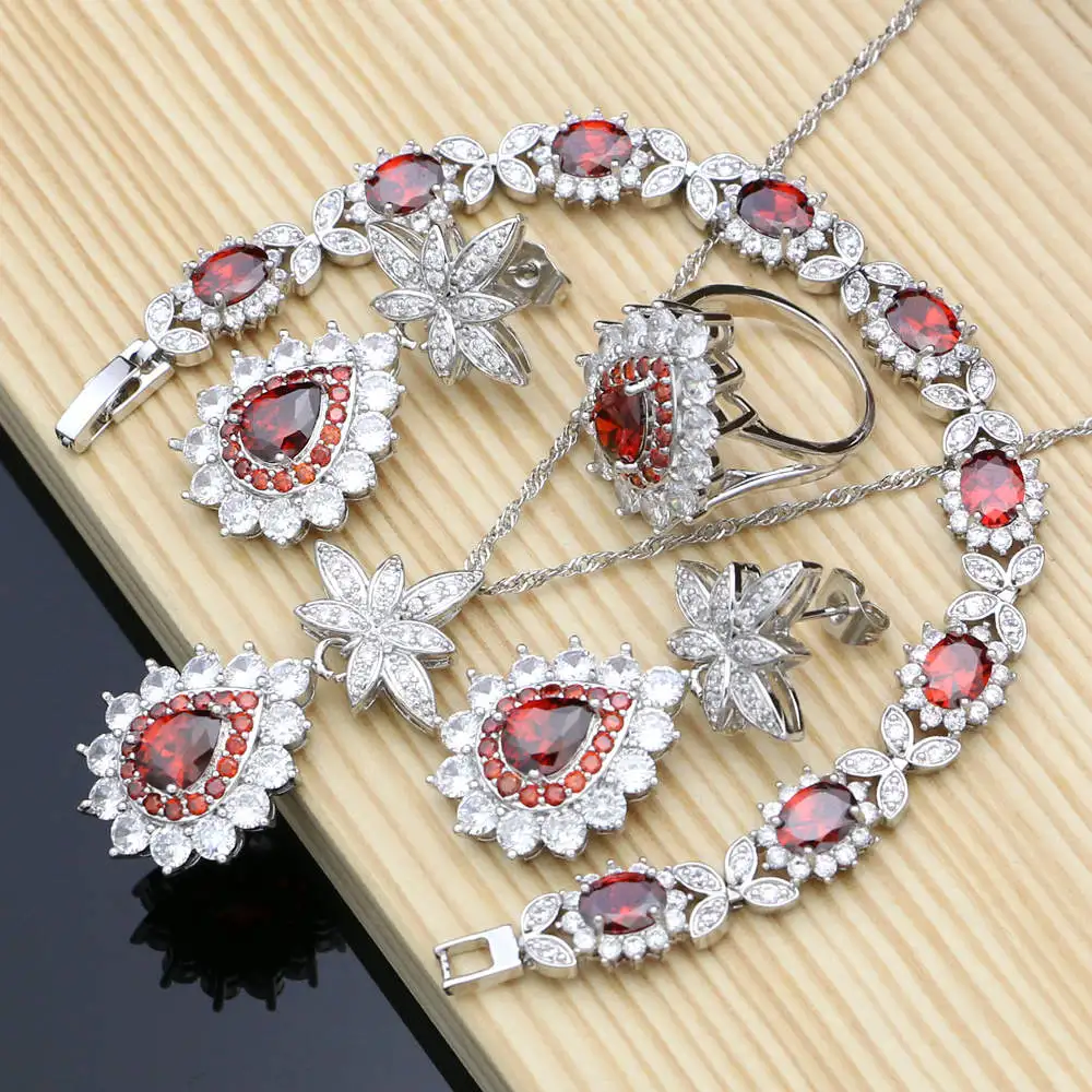 4pcs Костюм Ювелирные наборы Красный CZ Кристалл 925 серебро набор украшений для женщин серьги/кулон/Кольцо/браслеты/ожерелье наборы - Окраска металла: 4pcs