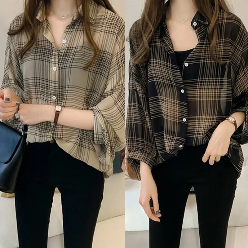 Новинка 1 шт. женская рубашка блузка с длинным рукавом клетчатый узор