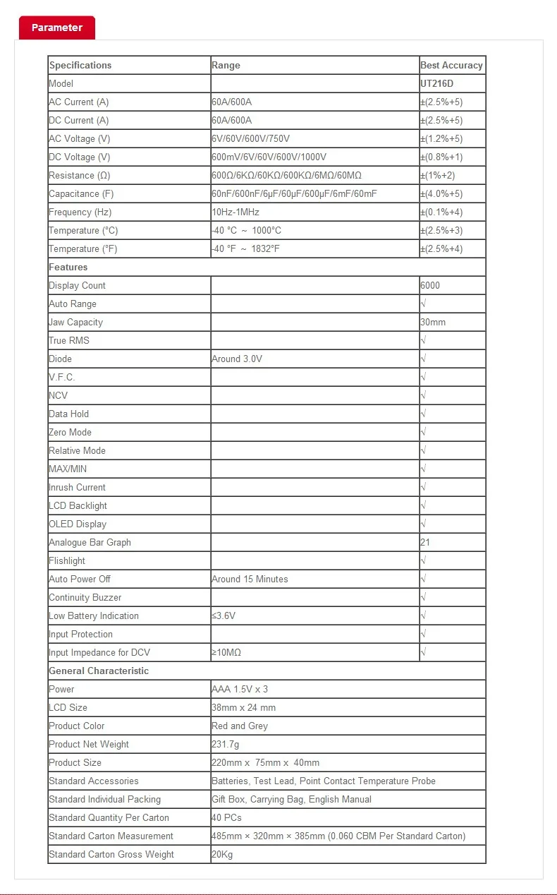 UNI-T UT216D 600A Цифровые токоизмерительные клещи NCV v.f. C диод ЖК-дисплей подсветка OLED дисплей аналоговый бар граф рабочий светильник