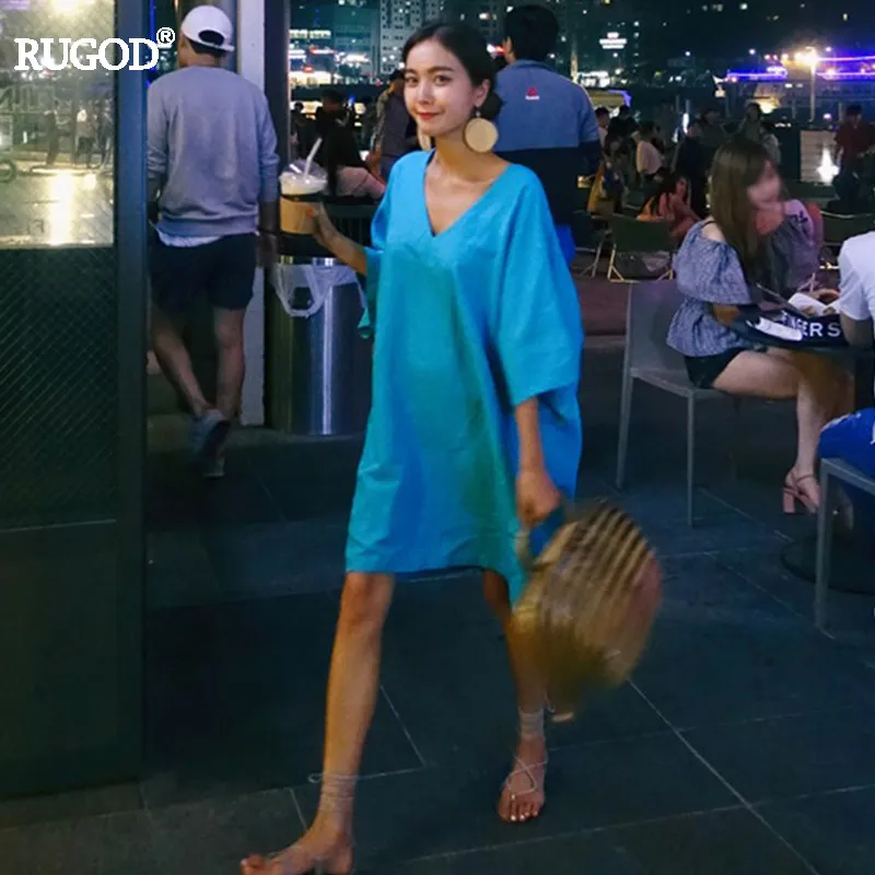 Платье миди женское оверсайз с V образным вырезом и коротким рукавом|Женские