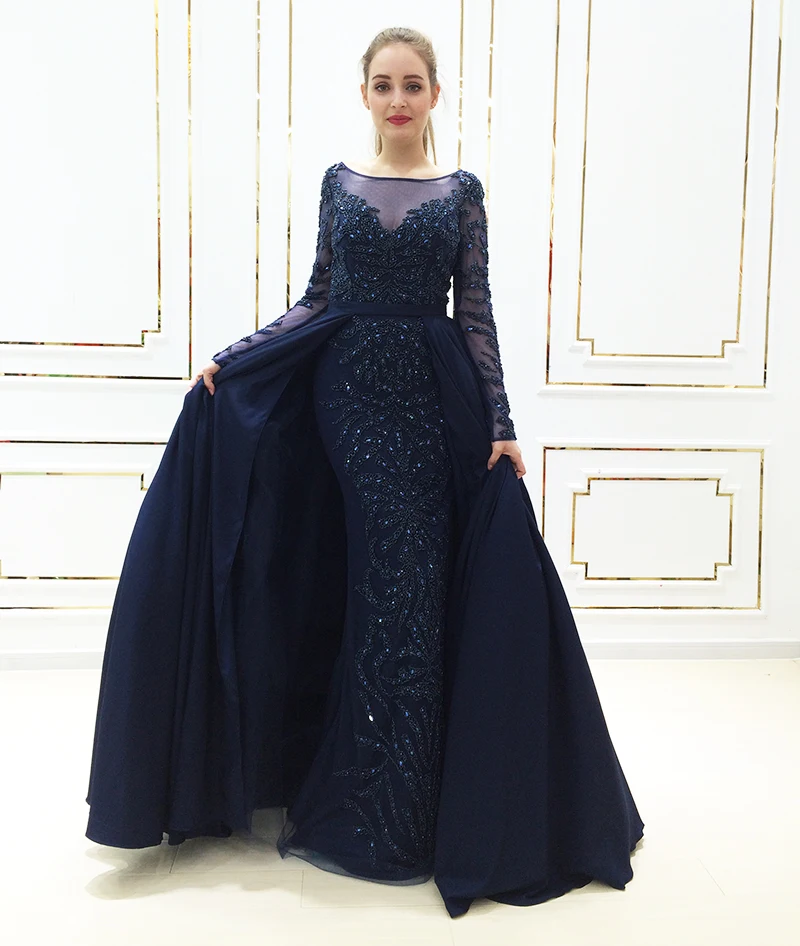 Настоящее фото халат De Soiree с длинными рукавами роскошное вечернее платье Marmaid бусины Кристалл женщин Арабский формальное платье для выпускного вечера