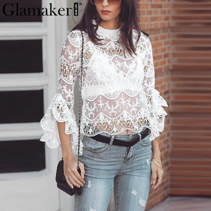 Женская прозрачная блузка Glamaker белая с длинным рукавом и кружевной