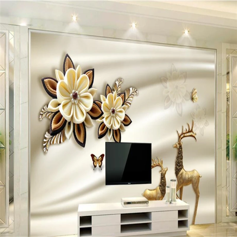 beibehang Custom wallpaper 3d handmade flowers gold deer TV background living room bedroom wall decoration | Обустройство дома