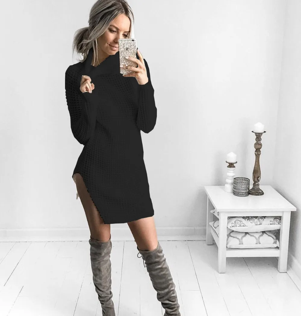 Sweater women's autumn and winter new fashion sexy split high collar warm shirt long slim sweater pullover | Женская одежда