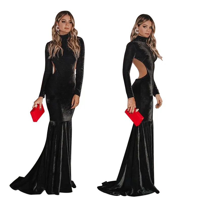 BKLD женское черное бархатное длинное Сексуальное Платье макси с открытой спиной