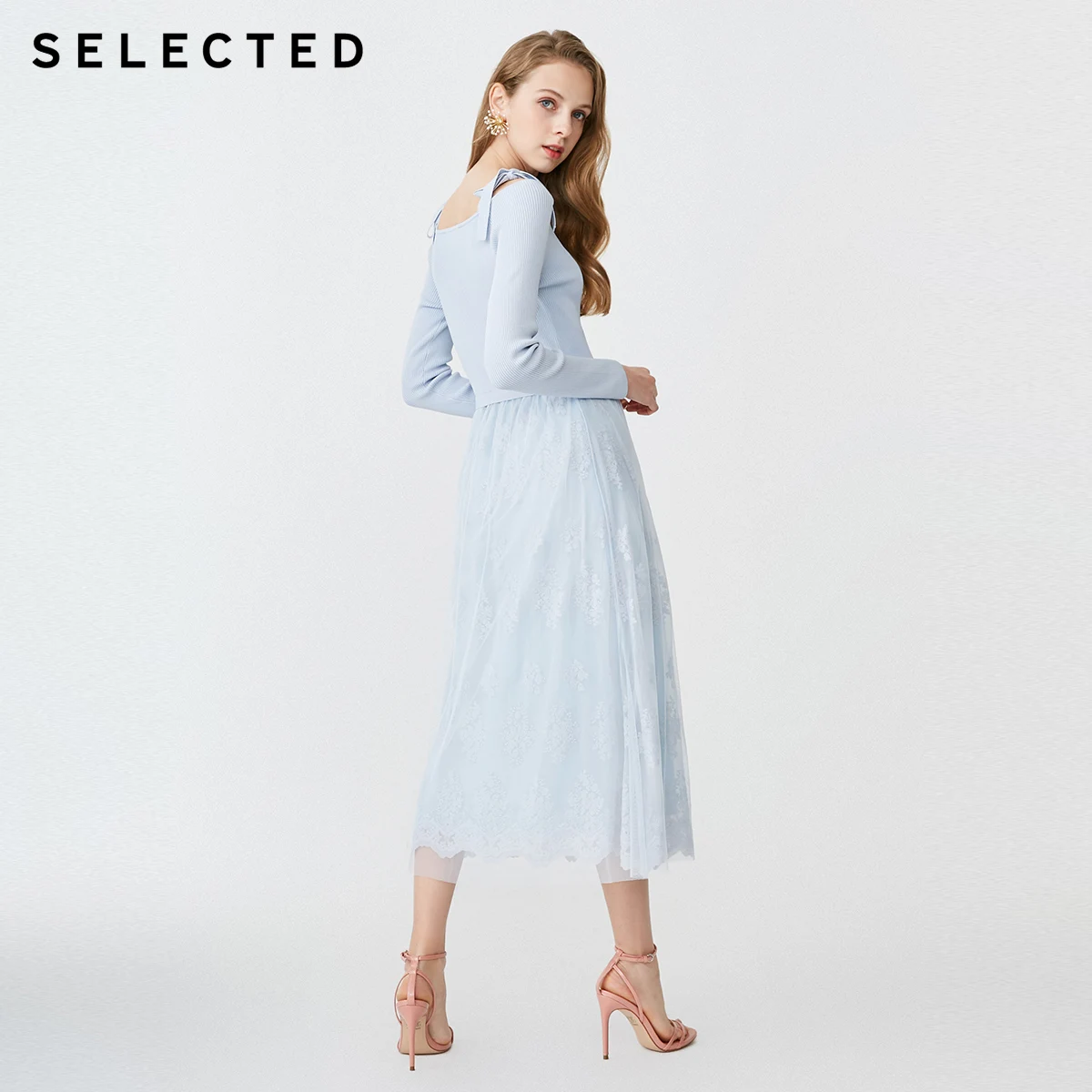 Выбранные женские весенние Трикотажные сращивания Кружева Slim Fit зонтик Форма