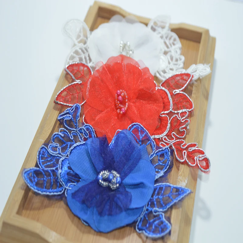 somelace (3pcs/lot)blue~red~white Handmade Beads Wedding Dress Decorated 3D Organza floral Applique Sew On Lace Patches 18030818 | Дом и сад