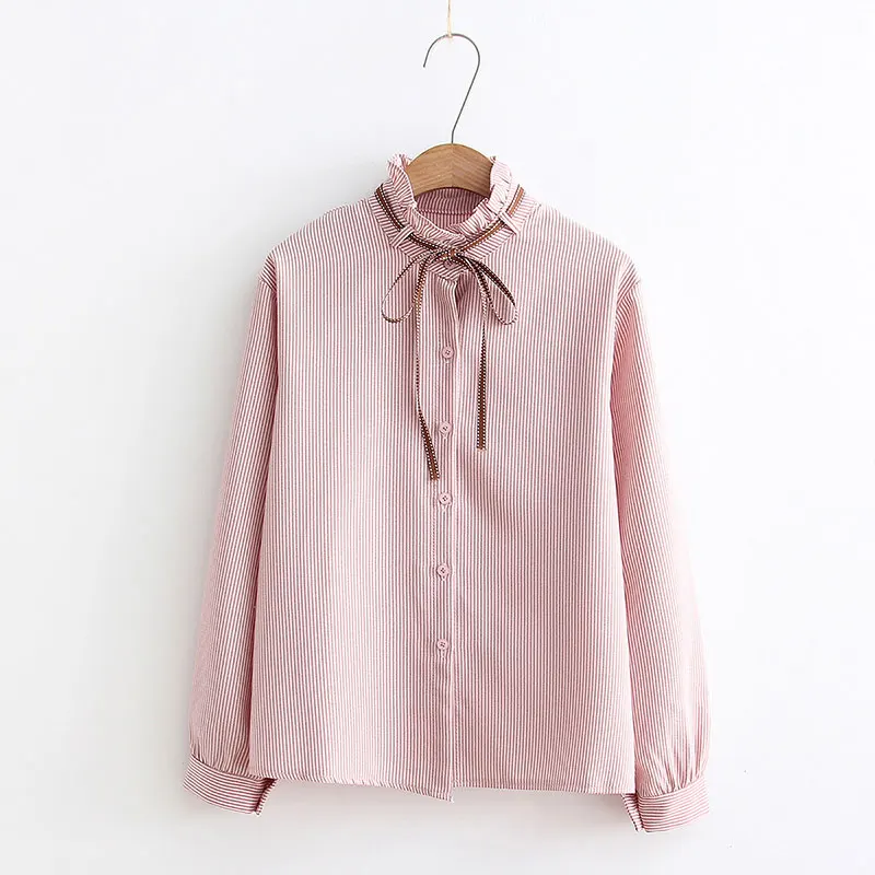 Pink Женская рубашка в полоску, однобортная, с оборками, с отложным воротником, с длинным рукавом, хлопковая блузка, на шнуровке, с бантом, распродажа T8D408Z - Цвет: Pink