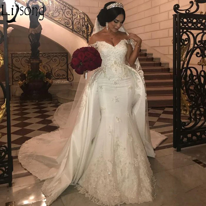 

Elegant Beaded Lace Wedding Dresses With Detachable Train Off Shoulder Mermaid Bridal Gowns Appliques Ivory Satin Wedding Dress