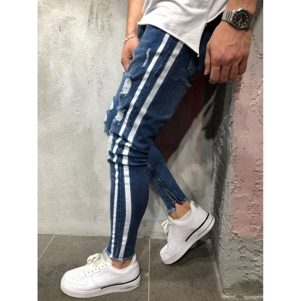 Мужские рваные джинсы с дырками Moomphya синие зауженные в стиле хип-хоп полосками