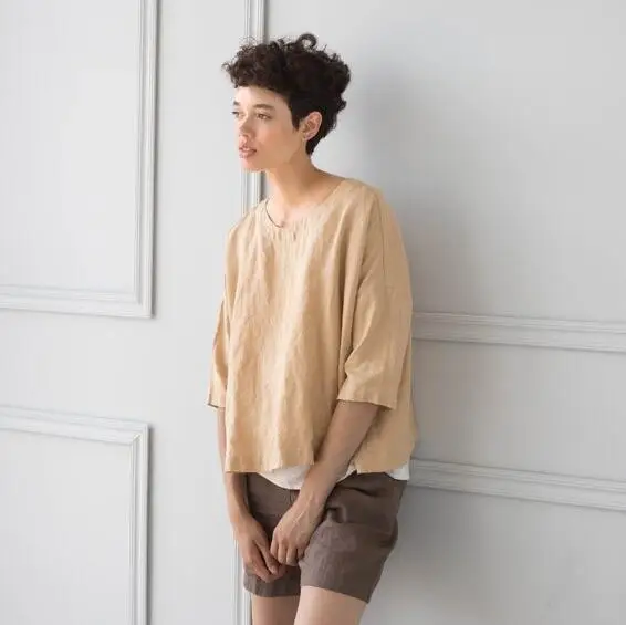 2019 Новый высокое качество Винтаж футболка с круглым вырезом из хлопка и льна