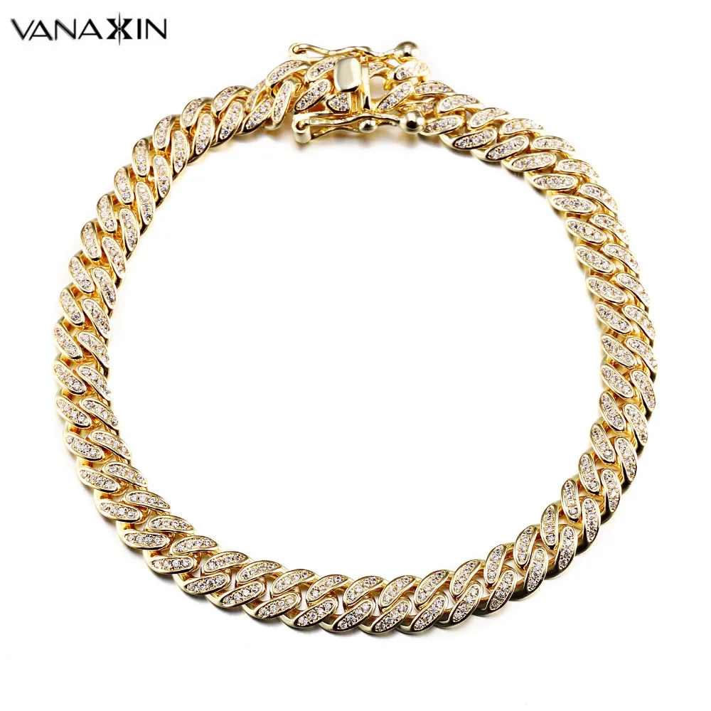 

VANAXIN Paved Bracelet Rhodium Plated Cubic Zirconia Brass Body Jewelry For Men High Quality Bangle Charm Gift width 8.5mm