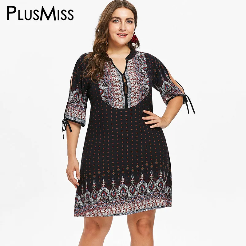PlusMiss размера плюс 5XL XXXXL XXXL хиппи бохо с этническими геометрическими Платье