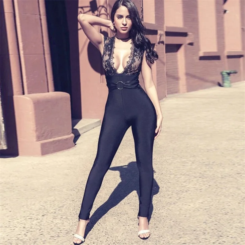 Черные кружевные бандажные комбинезоны боди облегающие Женские сексуальные