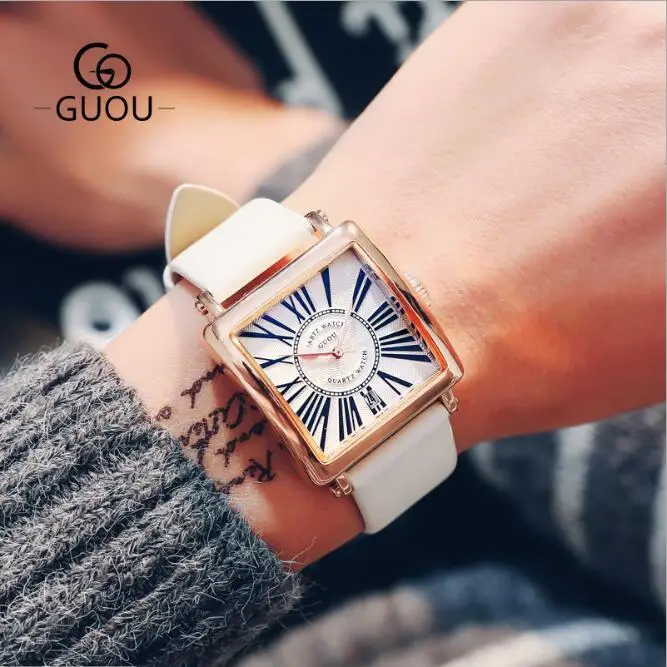 Часы GUOU Мужские кварцевые роскошные квадратные модные наручные часы с кожаным