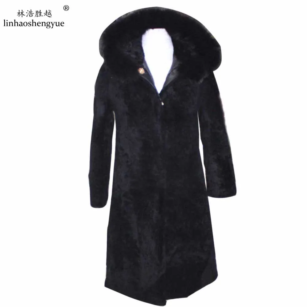 Linhaoshengyue 100cm Fashion Ladies Sheep Cut Long Cap  Coat  Cap with Fox Fur Collar  Freeshipping