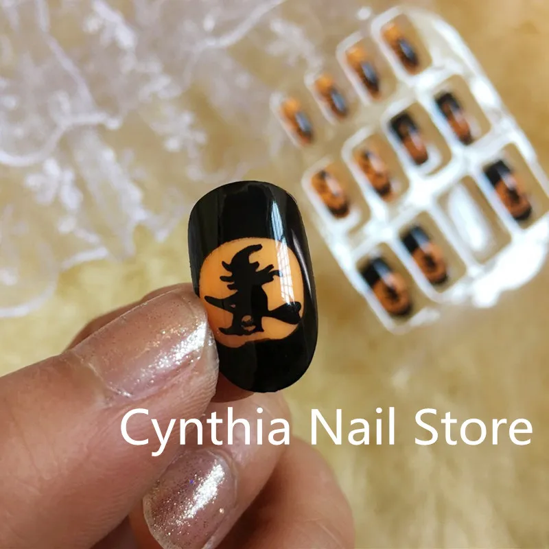 Nailest овальные накладные ногти черный оранжевый паук Хэллоуин с готовым дизайном