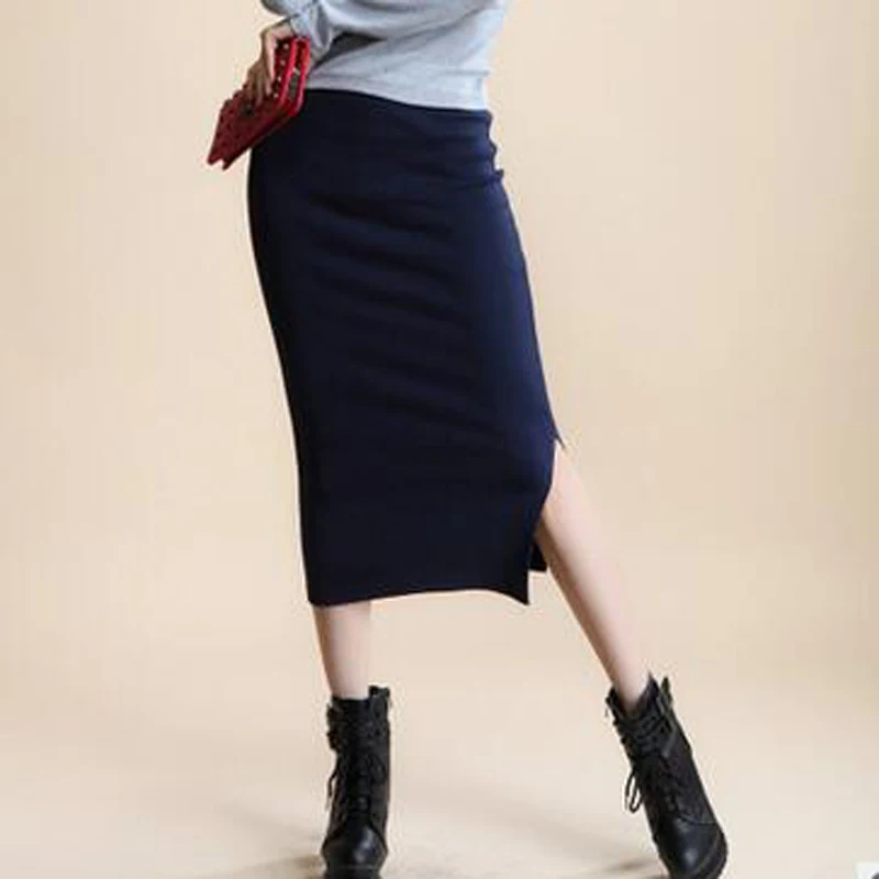 Navy blue Горячая Распродажа, осенне-зимняя облегающая юбка, модная женская растягивающаяся юбка с разрезом, до середины икры, Облегающие юбки-карандаш для женщин, вязаная юбка - Цвет: Navy blue