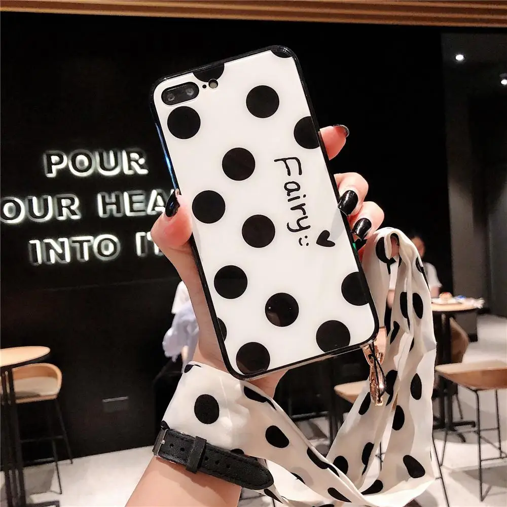 Kuulee For iPhone 6/6S Fashion Wave Point Pattern Color Edge Soft Glass Full Protection Anti-falling Phone Case with Lanyard |