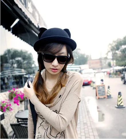 Europe and America autumn winter bowknot baby puss ear Wool felt small bowler hat|hat felt|felt mens hatsfelt toy |
