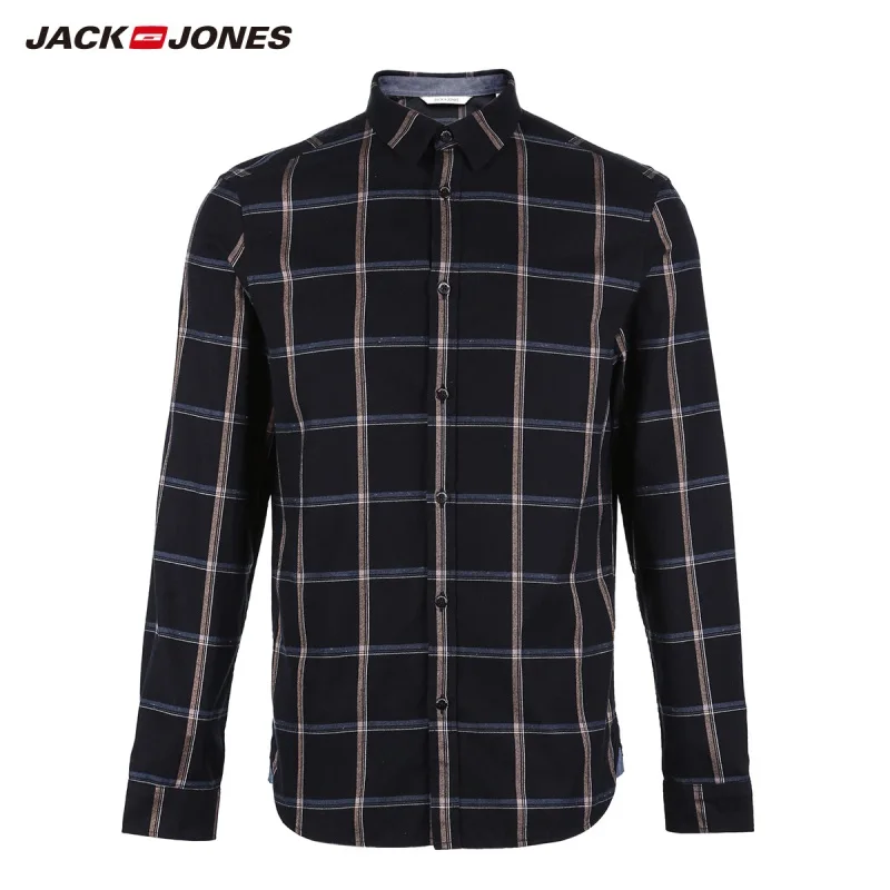 Мужская рубашка в клетку с длинными рукавами JackJones 100% хлопок 218305555|Повседневные