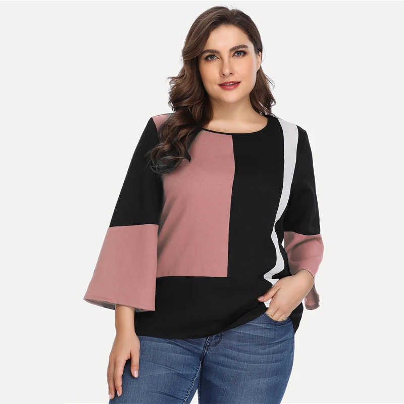Dotfashion, блузка размера плюс в стиле пэчворк, осень, женские топы, корейская мода, весна, 3/4 рукав, Женская Повседневная рубашка