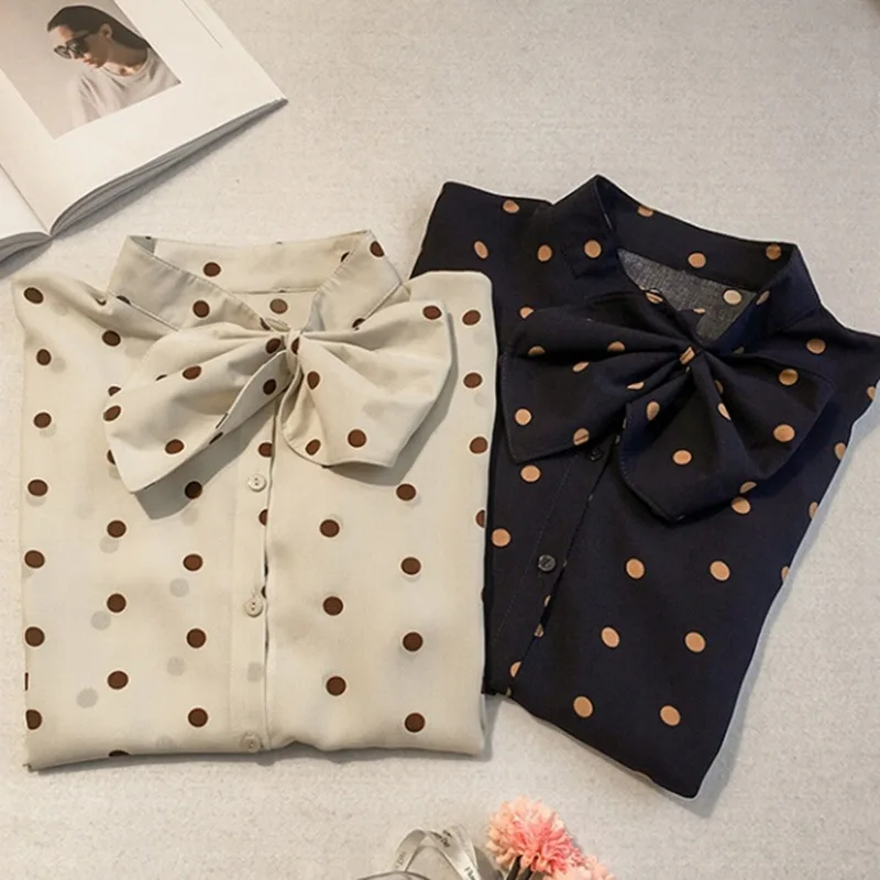 Женская шифоновая блузка с бантом E длинным рукавом и принтом в горошек топы