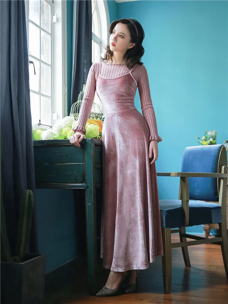2018 new fashion women's dresses autumn and winter vintage velvet suspender dress+sweater two-piece dress | Женская одежда