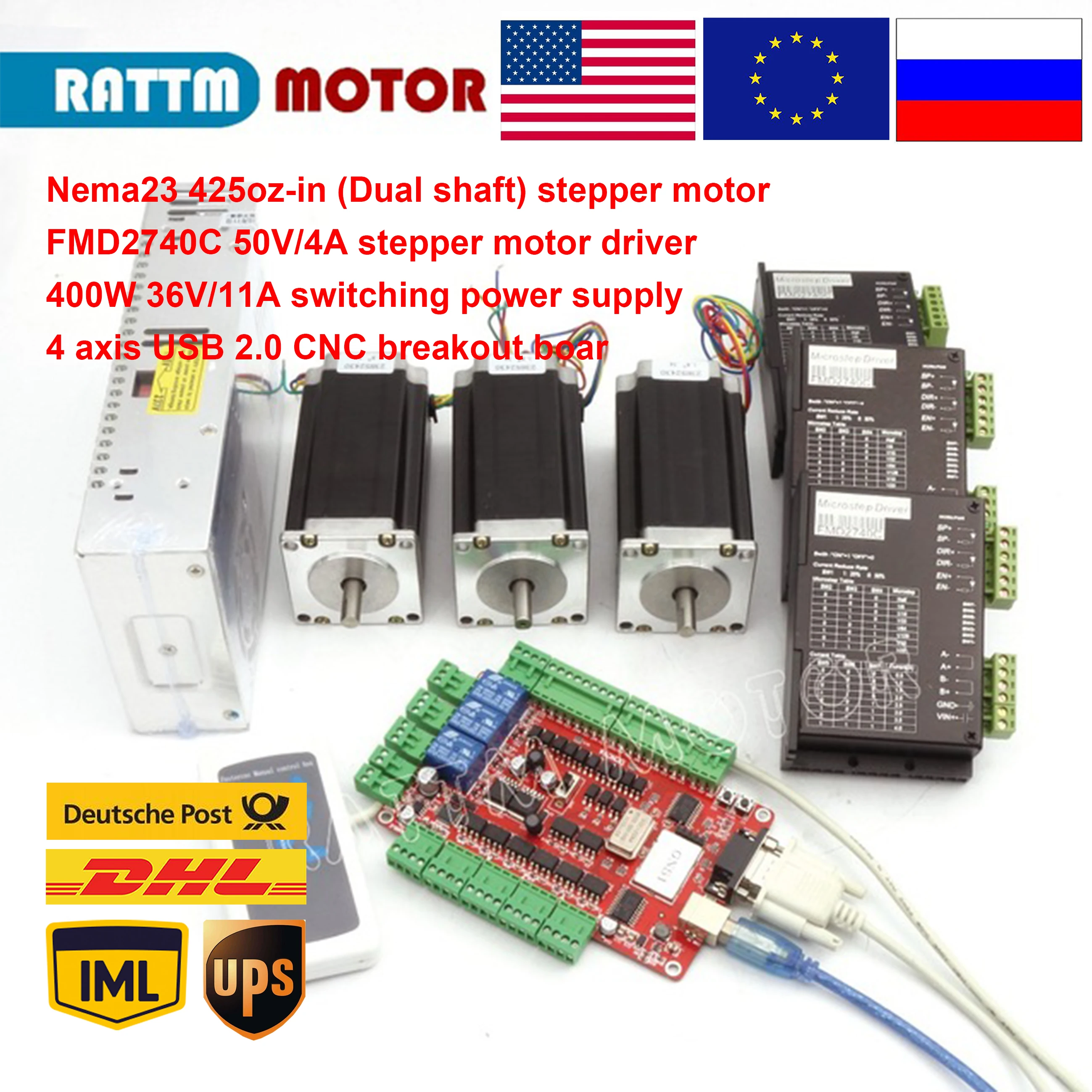 ЧПУ 3 оси комплект Nema23 шаговый двигатель 112 мм(двойной вал) 425oz-in& FMD2740C 50VDC 4A драйвер двигателя и 4 оси USB порт коммутационная плата