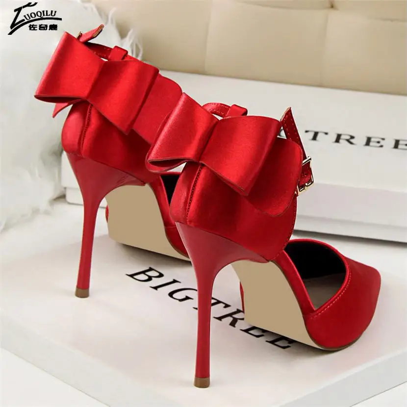 Туфли лодочки женские атласные высокий каблук 10 см свадебная обувь с бантом