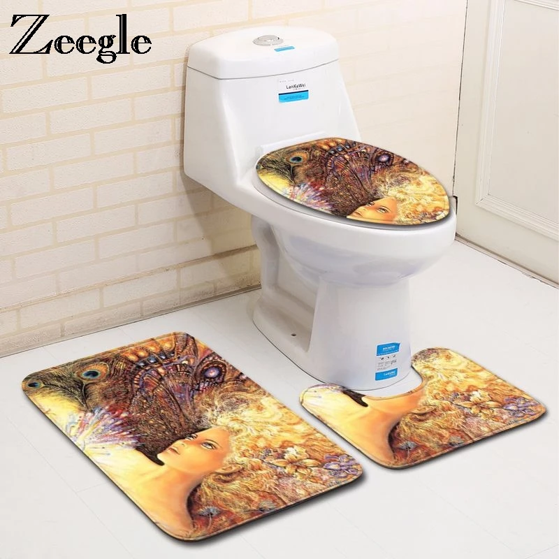 

Zeegle 3Pcs Bathroom Mat Set Portrait Painting Toilet Rugs Toilet Lid Cover Anti-slip Bathroom Floor Mats Washable Bath Mats Set