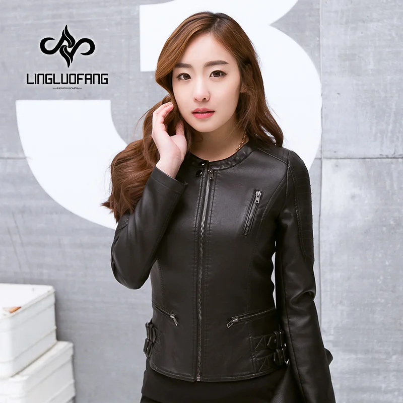 2017 новая тонкая куртка из искусственной кожи короткая с круглым вырезом