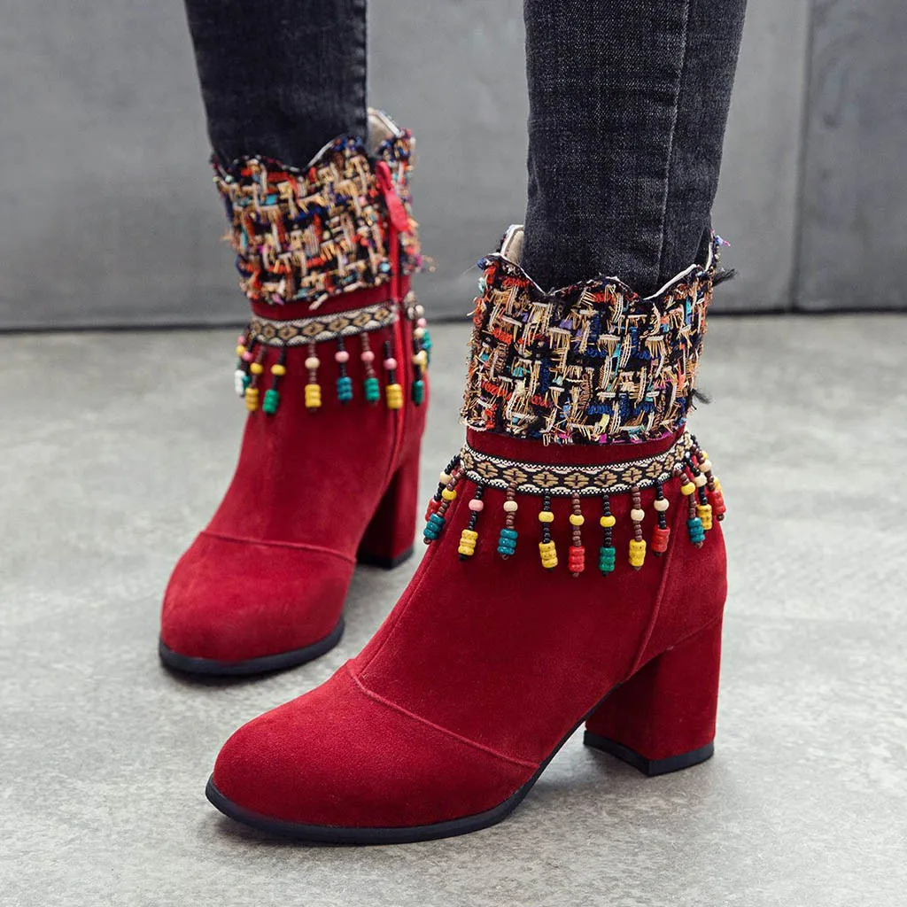 2019 г. Новые замшевые ботильоны на массивном каблуке в богемном стиле ботинки до