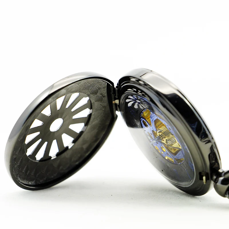 Hollow Round Blue Roman Display Dial Mechanical Pocket Watch Vintage Steampunk Manual Chain Necklace Pendant Accessory Clock